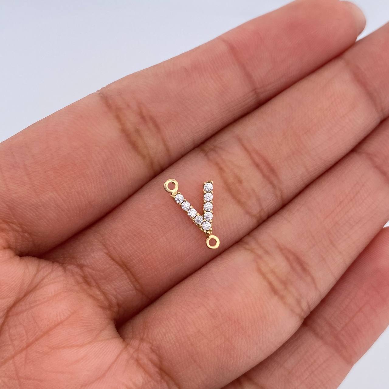 Charm Letter V 0.3gr / 1cm / White Zircons Yellow Gold 18K &