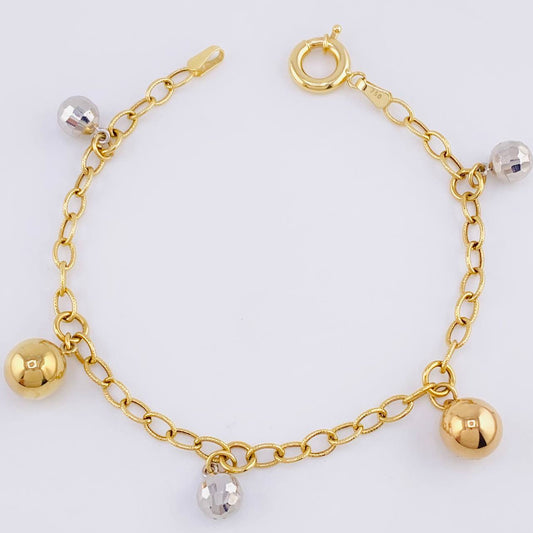 Pulso Aro Seguido Bolas Colgantes 5.55gr / 19cm / 4mm Diamantadas Lisas Tres Oros +4 18K ©