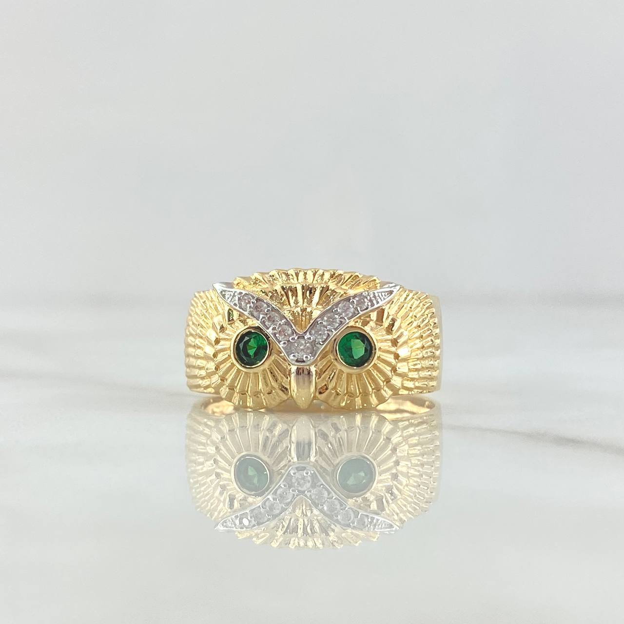 Owl Ring 4.85gr / T9 1/4 / White Zircons Green Eyes 18K Yellow Gold ©