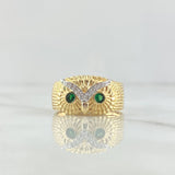 Owl Ring 4.85gr / T9 1/4 / White Zircons Green Eyes 18K Yellow Gold ©