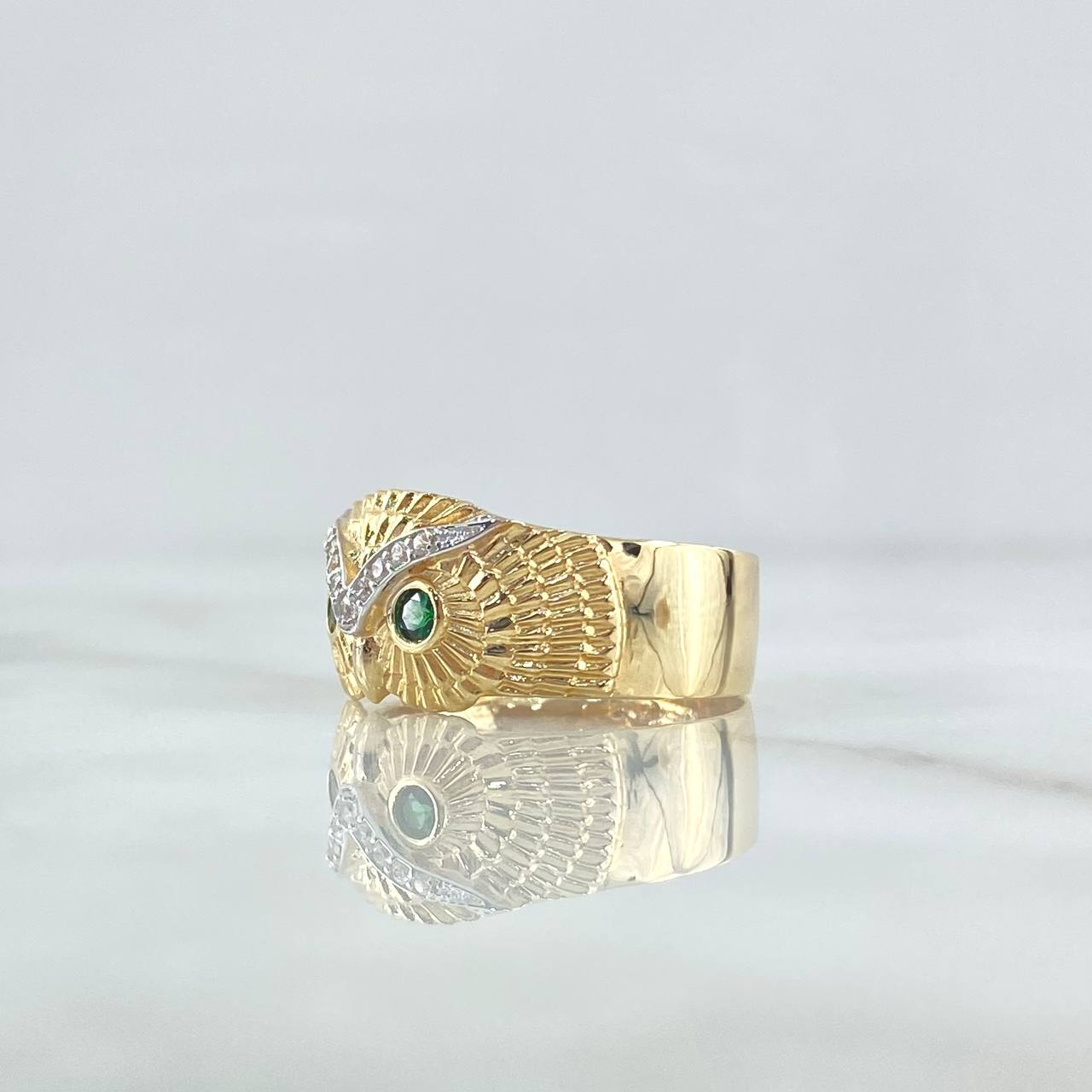 Owl Ring 4.85gr / T9 1/4 / White Zircons Green Eyes 18K Yellow Gold ©