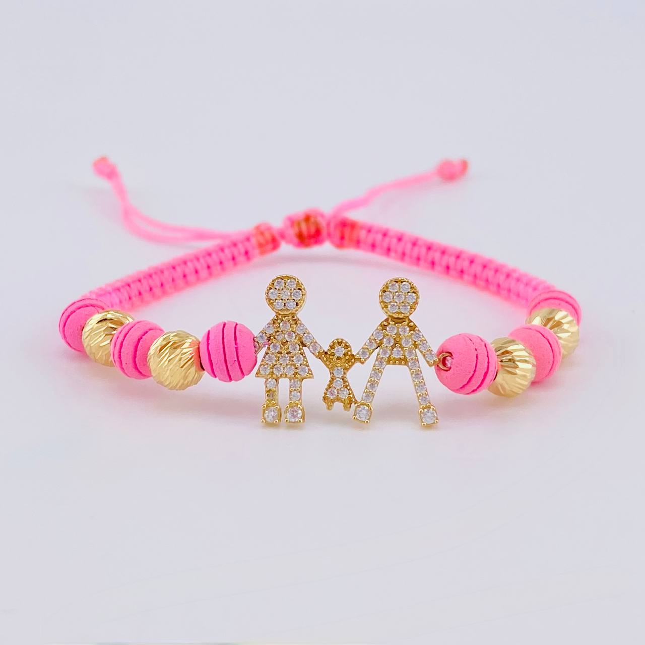 Pulsera Tejida Rosada Herraje Famlilia- Bolas 6Mm / 4 Und Oro Amarillo 18K (A.C)