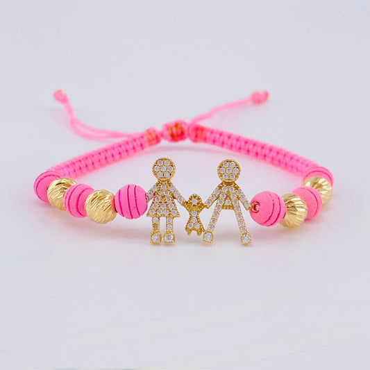 Pulsera Tejida Rosada Herraje Famlilia- Bolas 6Mm / 4 Und Oro Amarillo 18K (A.C)