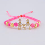 Pulsera Tejida Rosada Herraje Famlilia- Bolas 6Mm / 4 Und Oro Amarillo 18K (A.C)