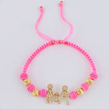 Pulsera Tejida Rosada Herraje Famlilia- Bolas 6Mm / 4 Und Oro Amarillo 18K (A.C)