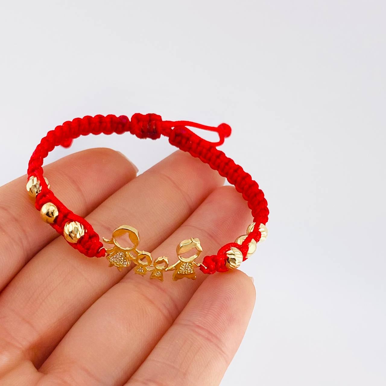 Pulsera Tejida Roja Herraje Familia- Bolas 5Mm / 6 Und Oro Amarillo 18K (A.C)