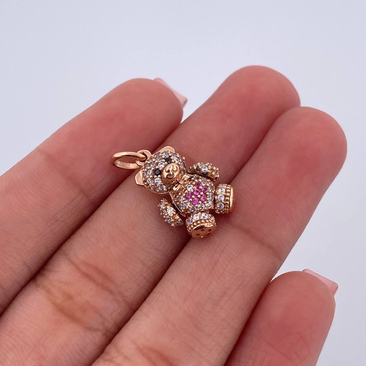 Dije Oso Articulado Mini 2.3gr / 2cm / Circones Fucsias Negros Blancos Oro Rosa 18K $
