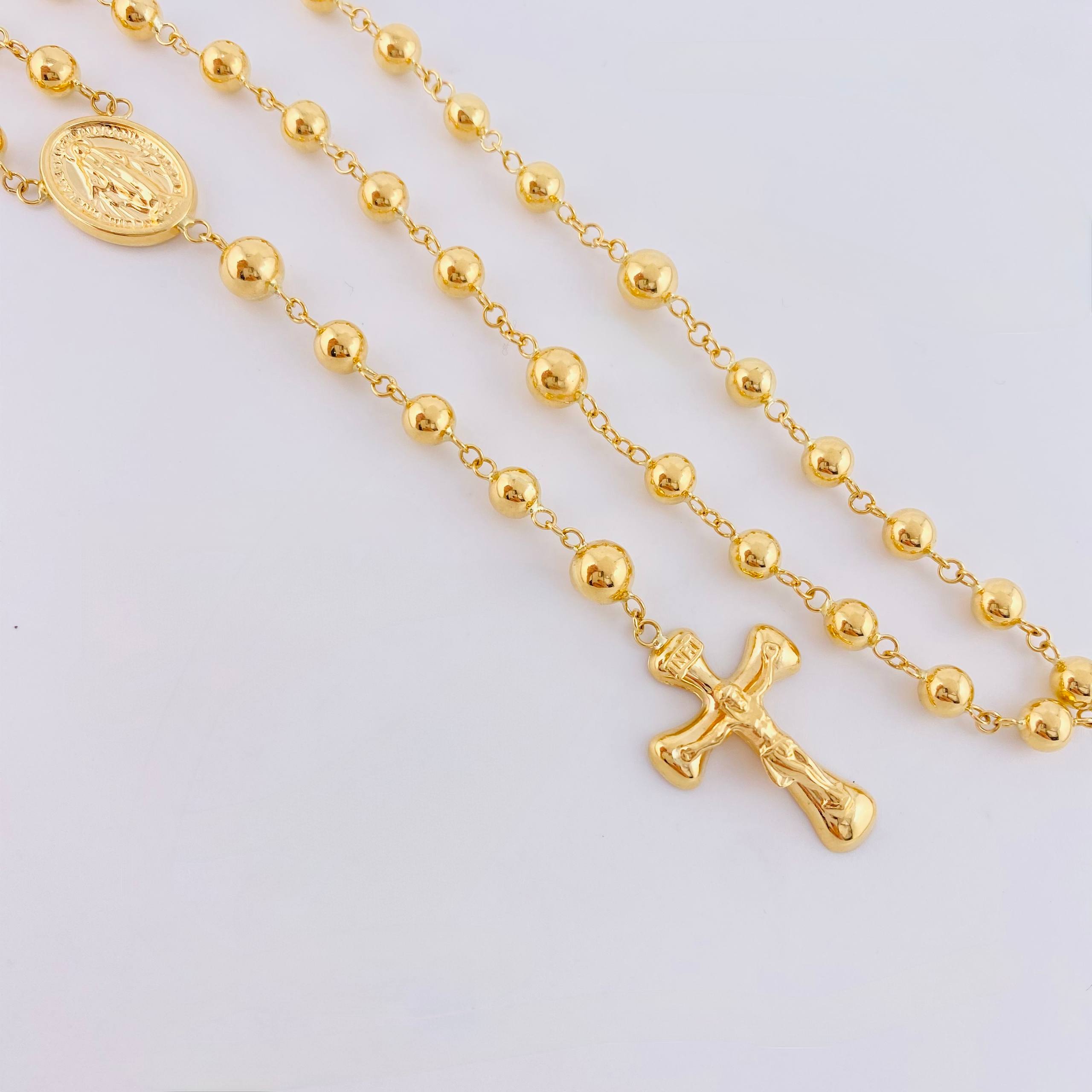 Rosario Virgen Milagrosa Cruz Cristo 13.4gr / 23 1/2 in / 5mm Oro Amarillo 18K