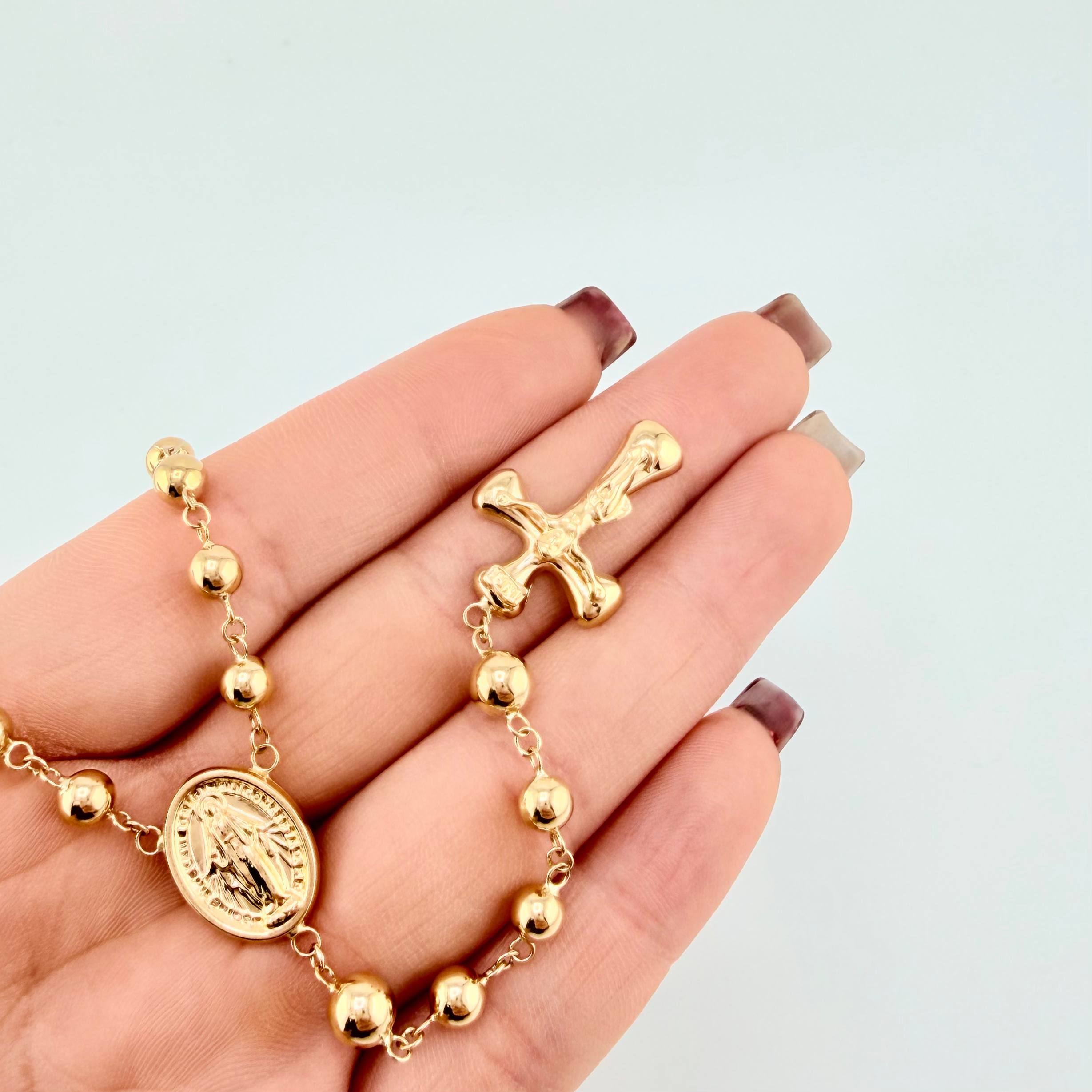 Rosario Virgen Milagrosa Cruz Cristo 13.4gr / 23 1/2 in / 5mm Oro Amarillo 18K