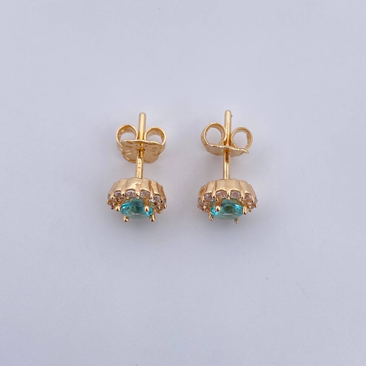 Stud Earrings Halo 2.05gr / Blue White Zircons 18K Yellow Gold $