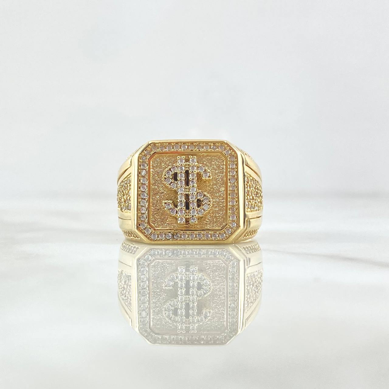 Dollar Signet Ring 16.85gr / Size 12 / Textured Square-White Zircons 18K Yellow Gold