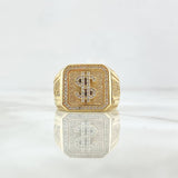 Dollar Signet Ring 16.85gr / Size 12 / Textured Square-White Zircons 18K Yellow Gold