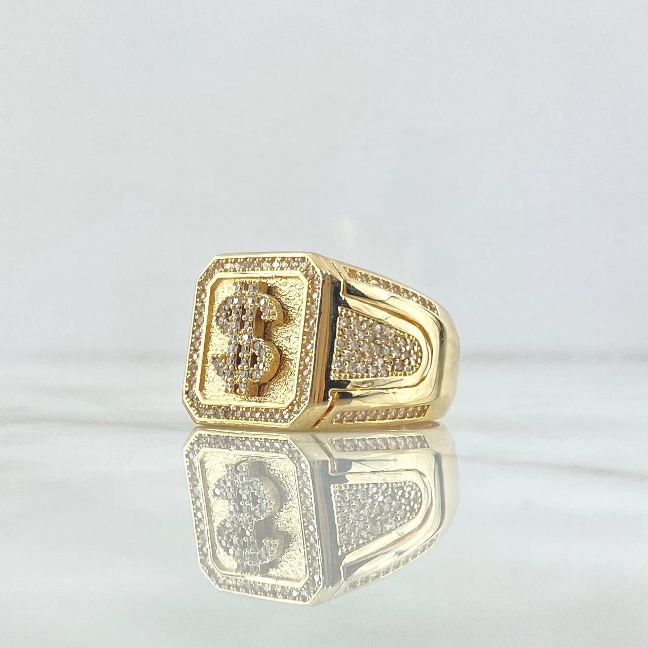 Dollar Signet Ring 16.85gr / Size 12 / Textured Square-White Zircons 18K Yellow Gold