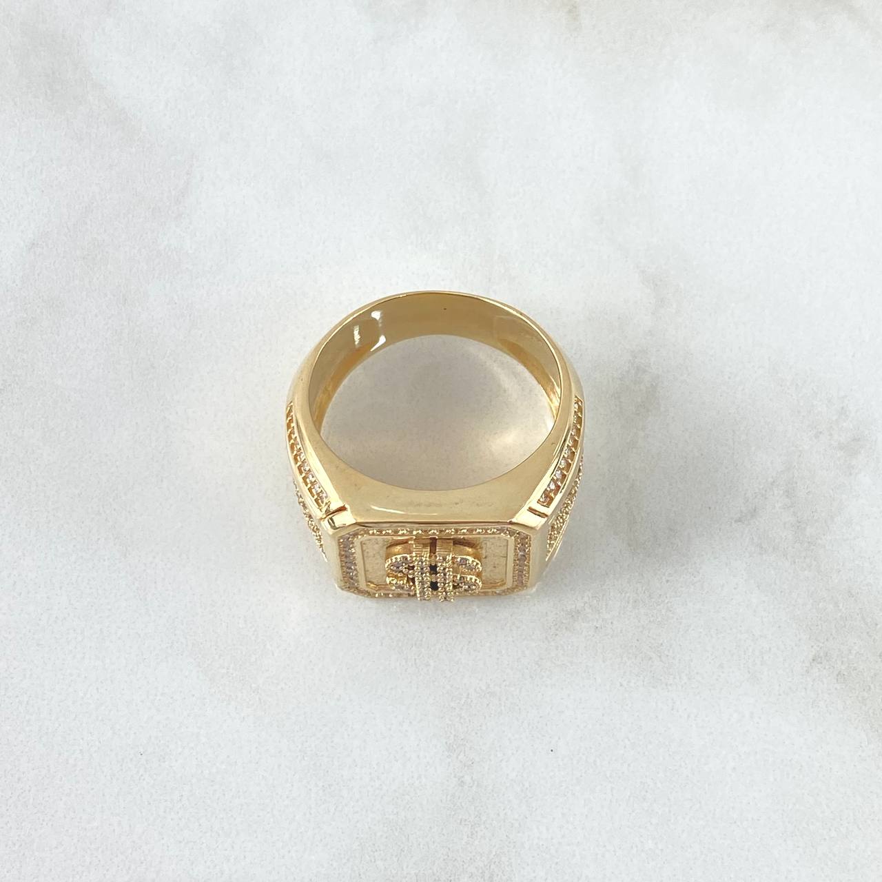 Dollar Signet Ring 16.85gr / Size 12 / Textured Square-White Zircons 18K Yellow Gold