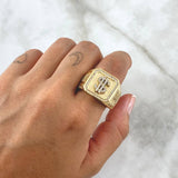 Dollar Signet Ring 16.85gr / Size 12 / Textured Square-White Zircons 18K Yellow Gold