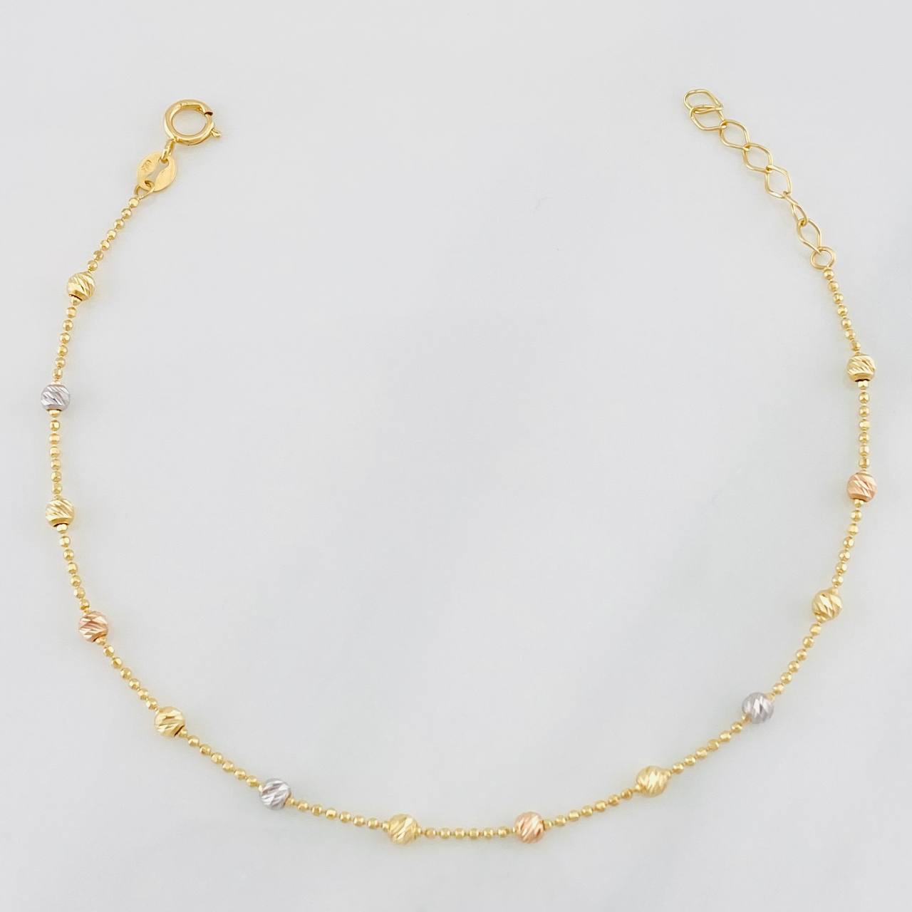 Adjustable Military Bracelet Diamond Cut Beads 1.55g / 6 3/4 in - 7 1/2 in / 2.5mm Three Golds 18K