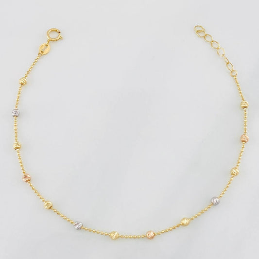 Adjustable Military Bracelet Diamond Cut Beads 1.55g / 6 3/4 in - 7 1/2 in / 2.5mm Three Golds 18K