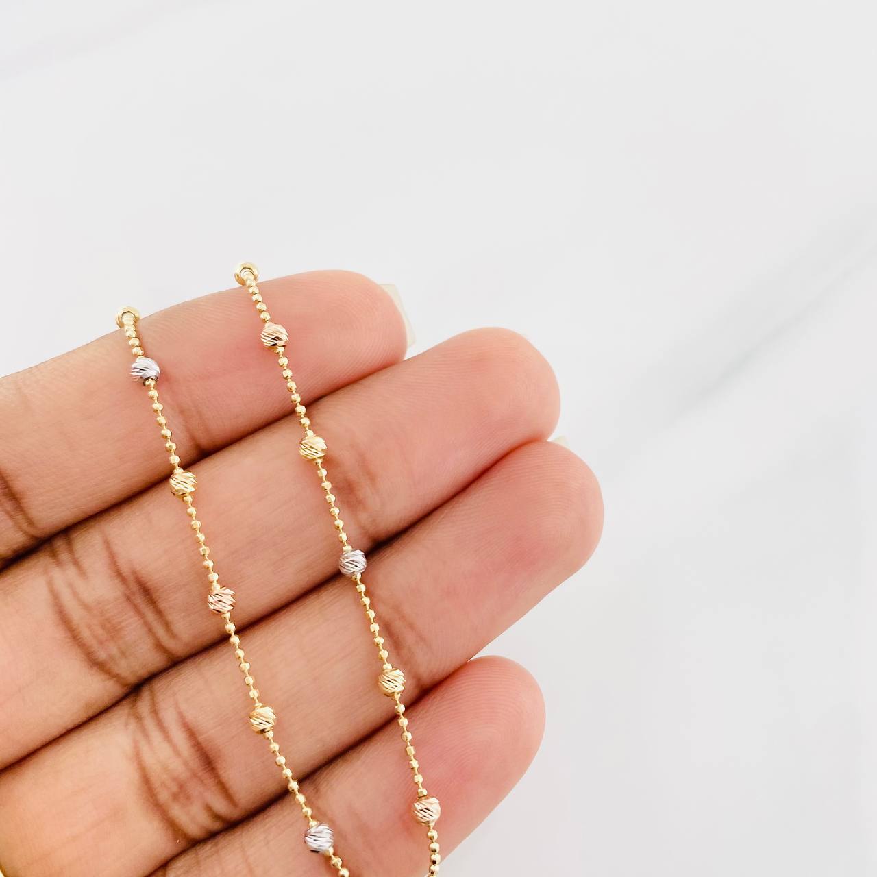 Adjustable Military Bracelet Diamond Cut Beads 1.55g / 6 3/4 in - 7 1/2 in / 2.5mm Three Golds 18K