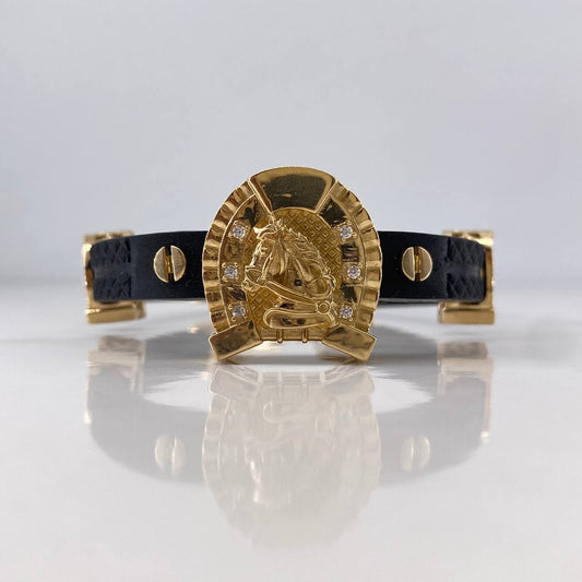 Pulso Herradura Caballo 22.5gr / 20cm / 7.9mm Silicona Negro Circones Blancos Oro Amarillo 18K &