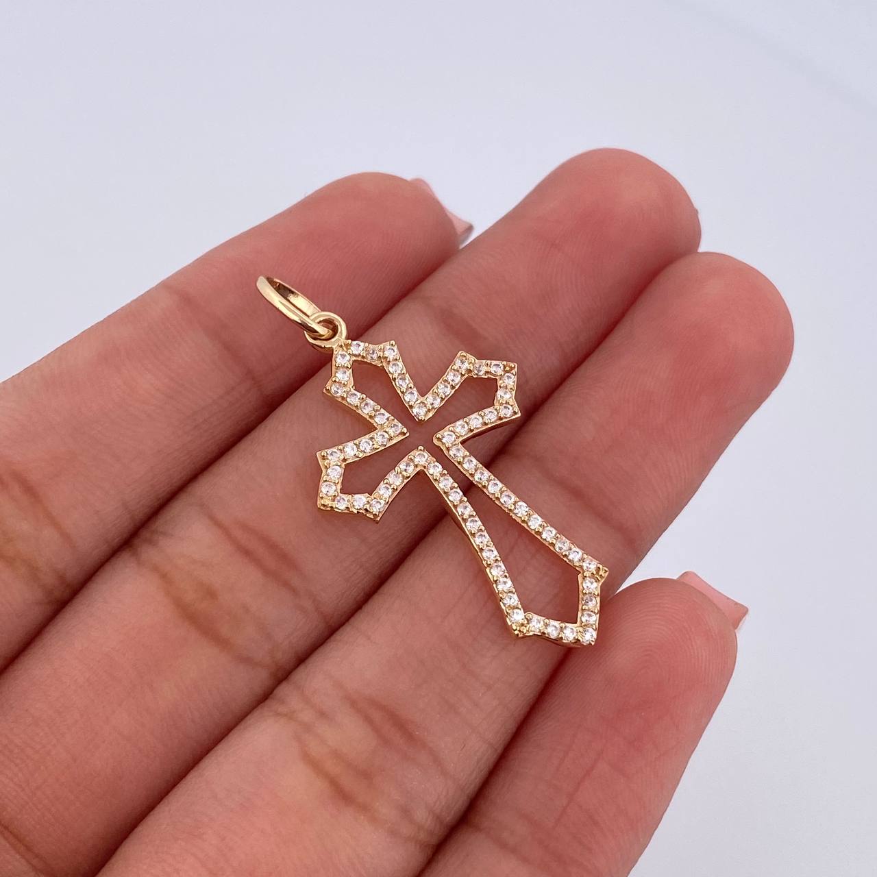 Pendant Gothic Cross Silhouette 1.65gr / 3.5cm / White Zircons 18K Yellow Gold $