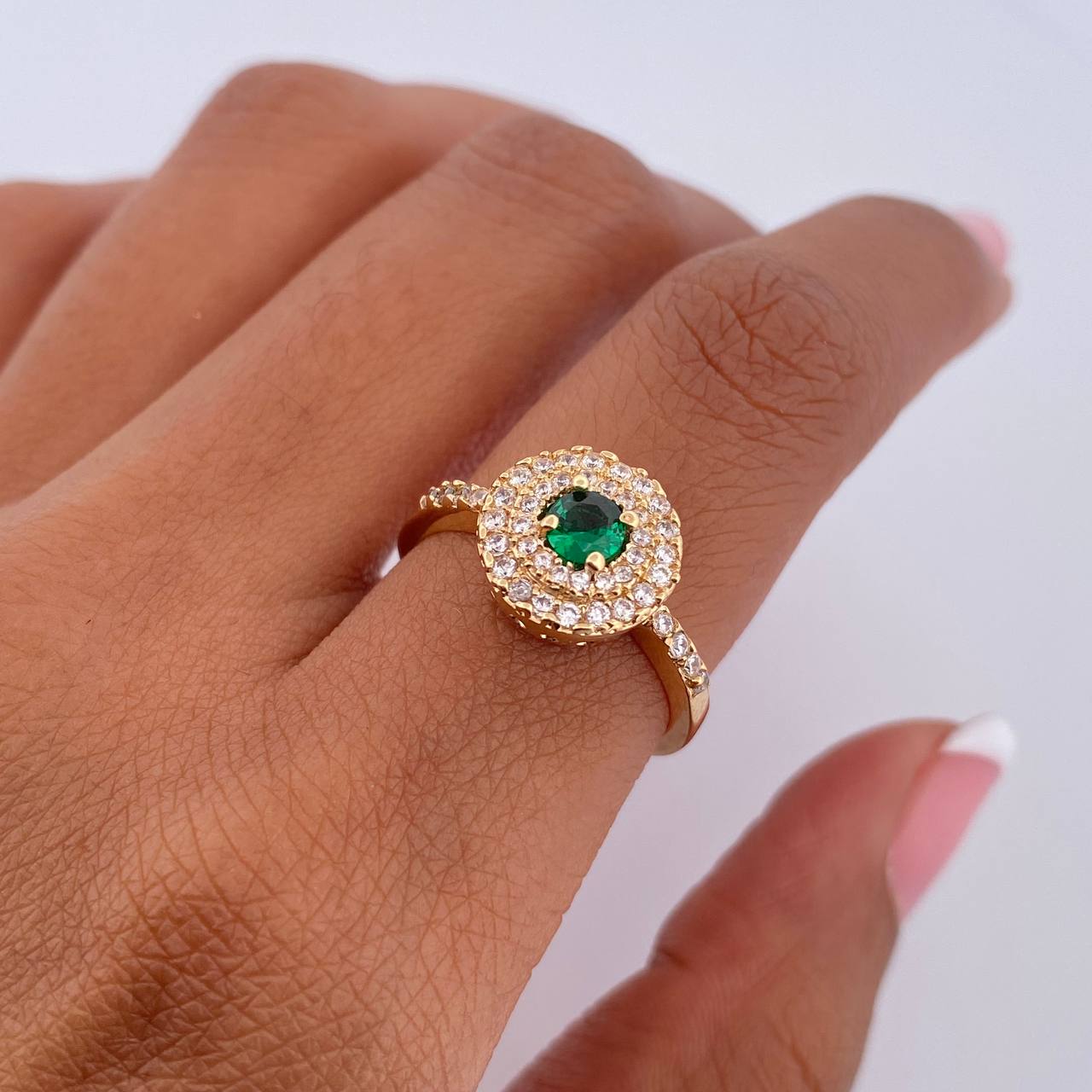 Halo Ring Circle 3.75gr / T6 1/4 / Green and White Zircons 18K Yellow Gold $