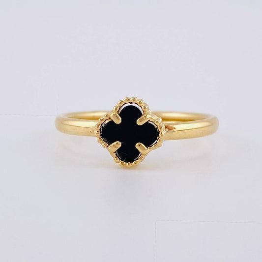 Anillo Trebol Onix Negro 1.2 g / T7 Oro Amarillo 18K