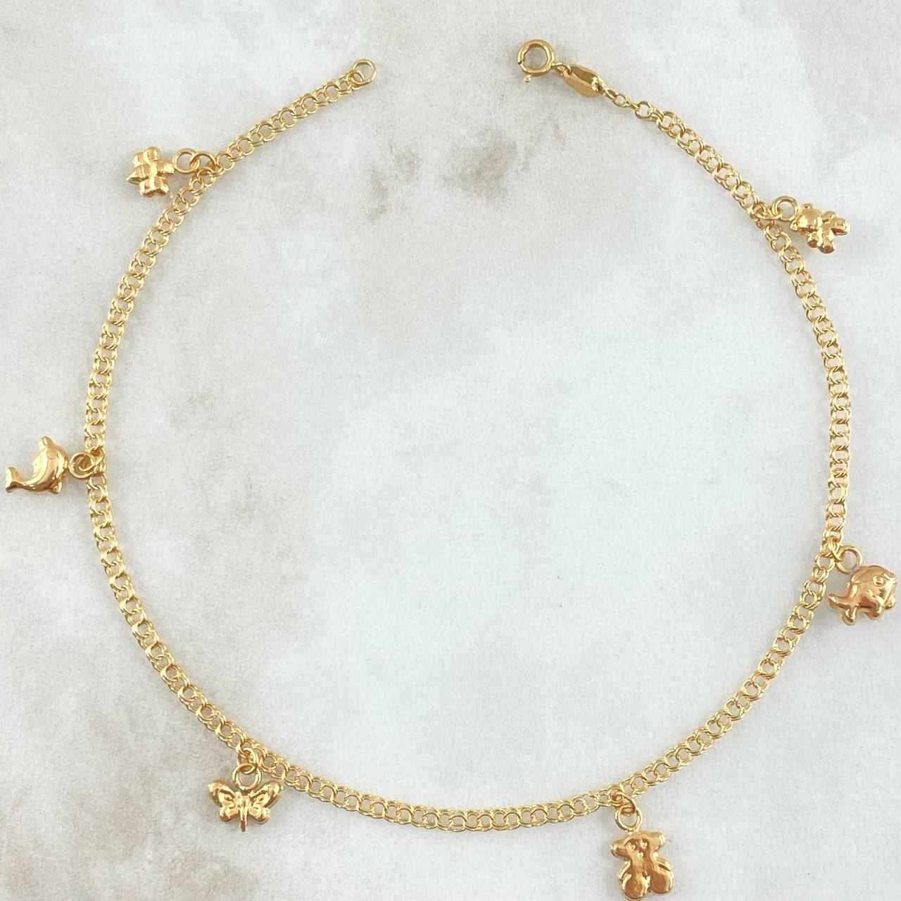 Tobillera Aro Seguido 3.55gr / 25cm / 2.4mm Oso-Pez-Oso Ts-Mariposa-Delfin-Abeja Oro Amarillo 18K ©