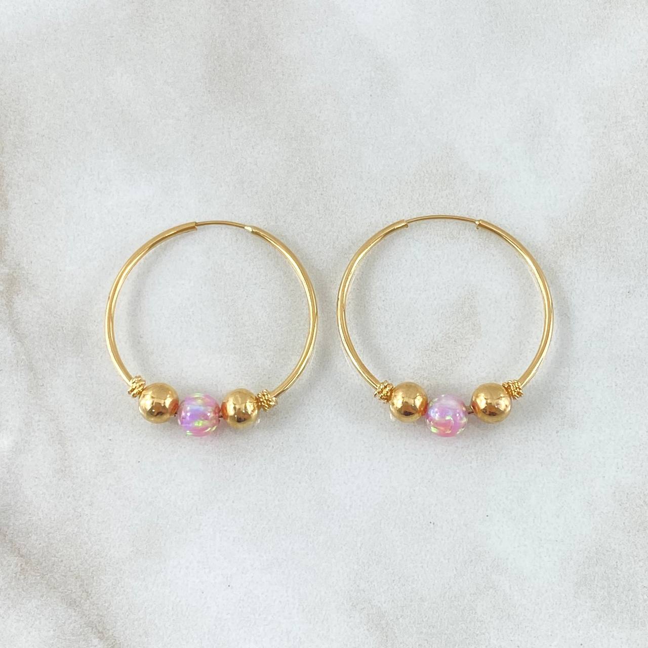 Hoop Earrings Trio 2.2gr / 2.8cm / Beads Polished Pearl Yellow Gold 18K ©