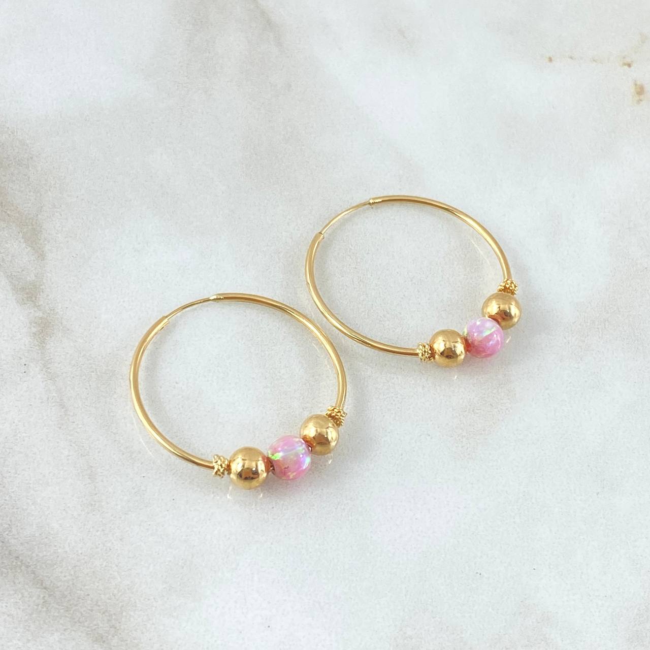 Hoop Earrings Trio 2.2gr / 2.8cm / Beads Polished Pearl Yellow Gold 18K ©