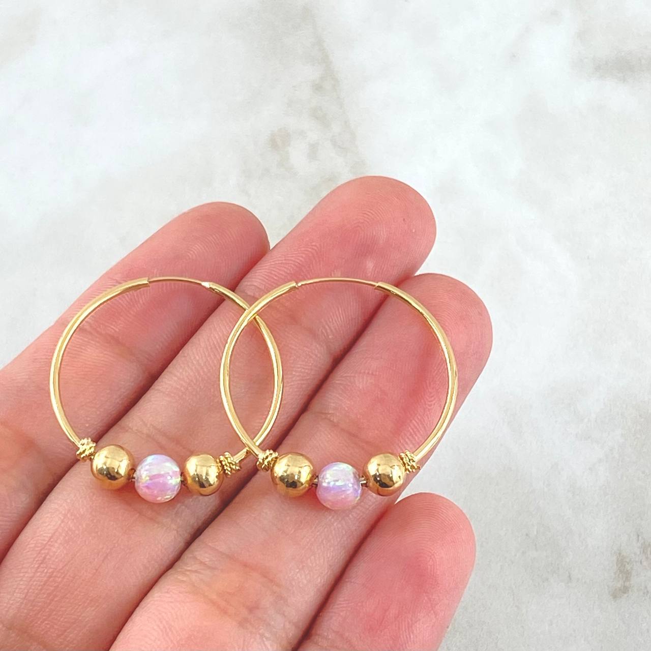 Hoop Earrings Trio 2.2gr / 2.8cm / Beads Polished Pearl Yellow Gold 18K ©