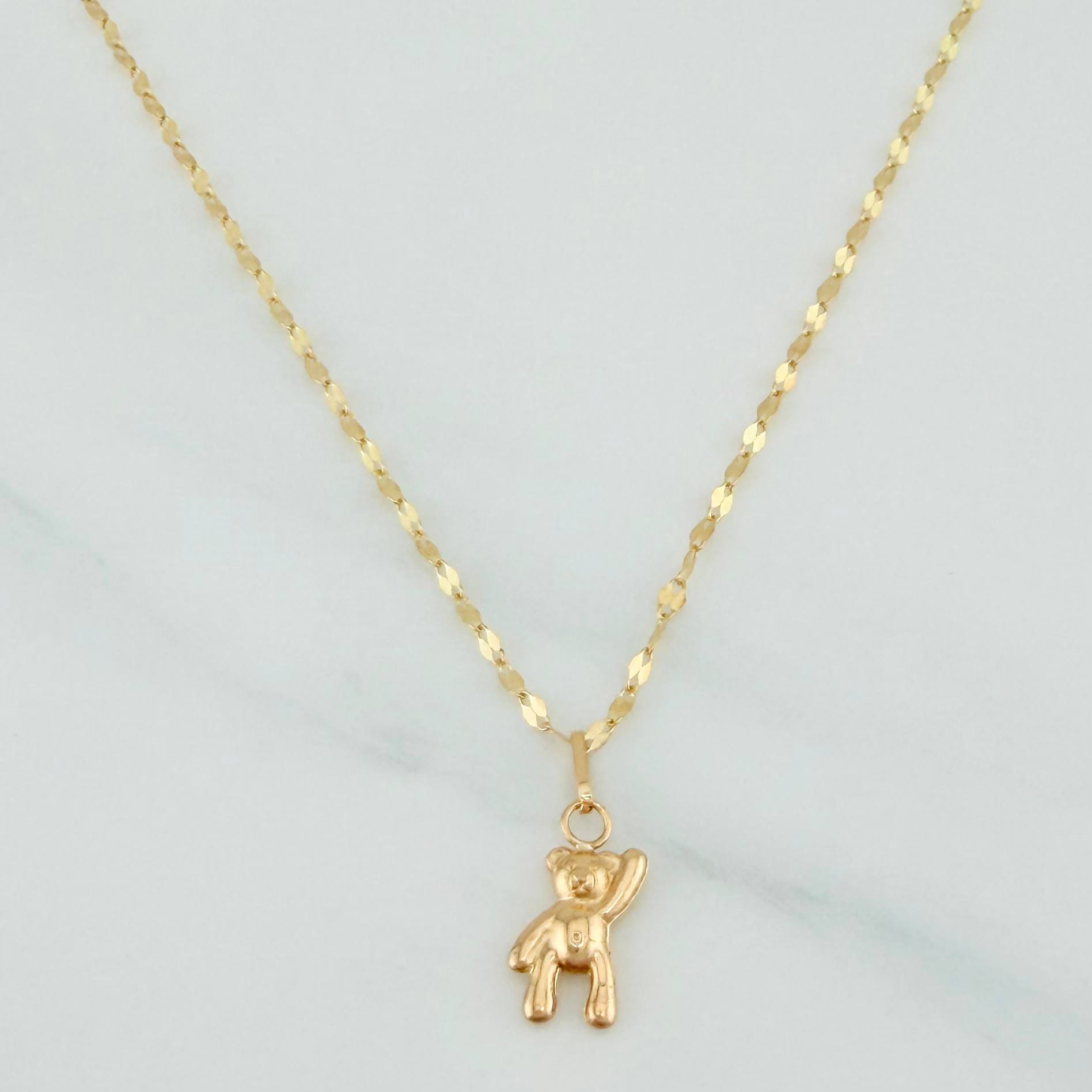 Mirror Flower Chain Set + Bear Pendant / 1.2gr / 17 3/4 in 18K Yellow Gold