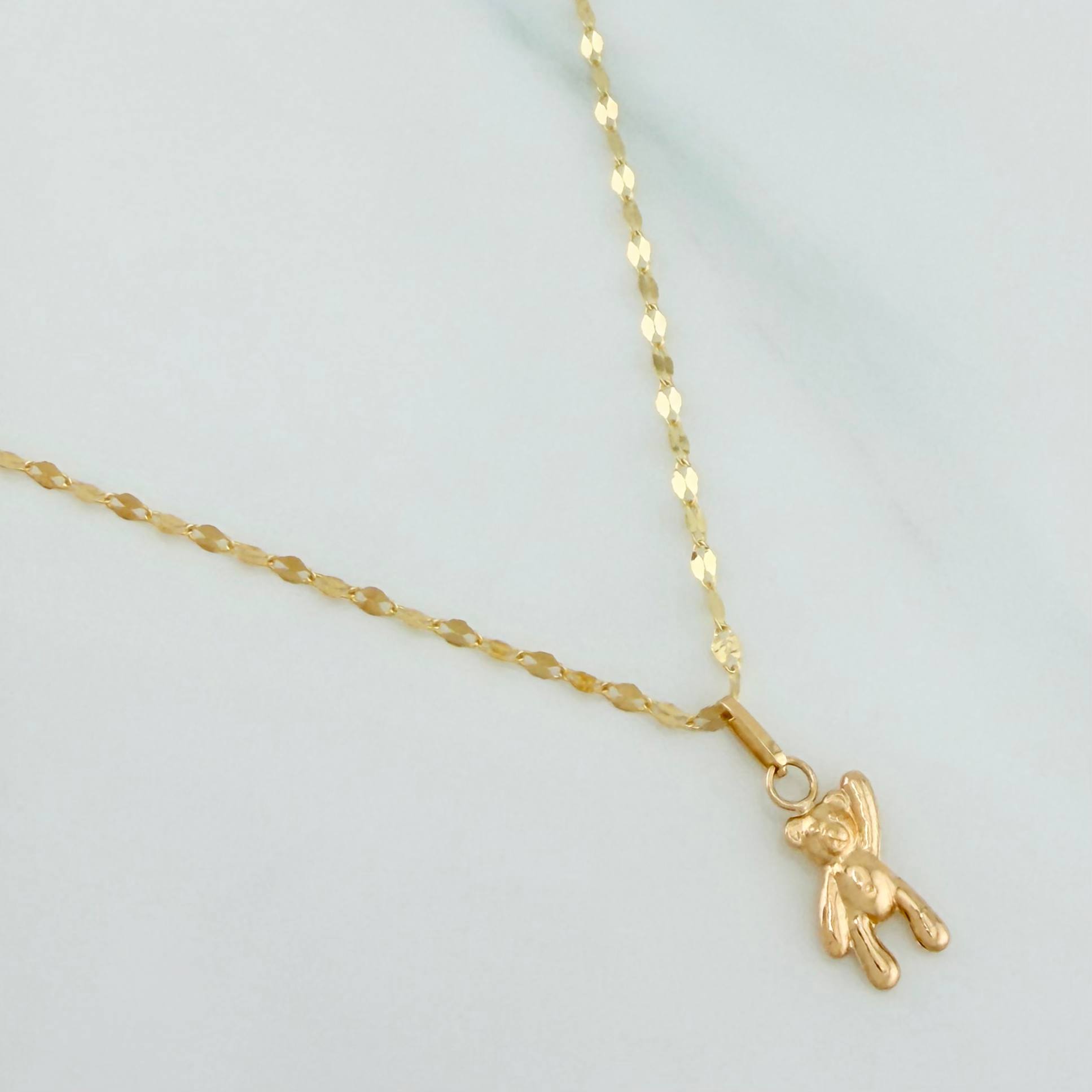 Mirror Flower Chain Set + Bear Pendant / 1.2gr / 17 3/4 in 18K Yellow Gold