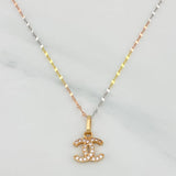Set Mirror Flower Chain + Crossed Wave Pendant / 1.3gr / 17 3/4 in Three 18K Golds