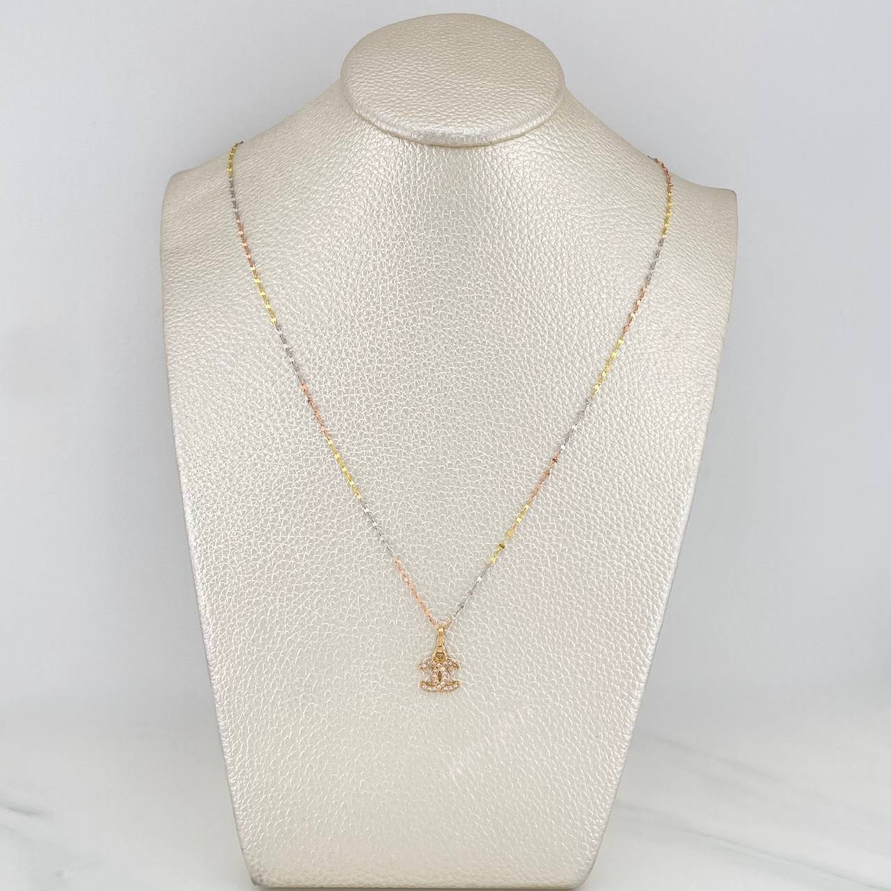 Set Mirror Flower Chain + Crossed Wave Pendant / 1.3gr / 17 3/4 in Three 18K Golds