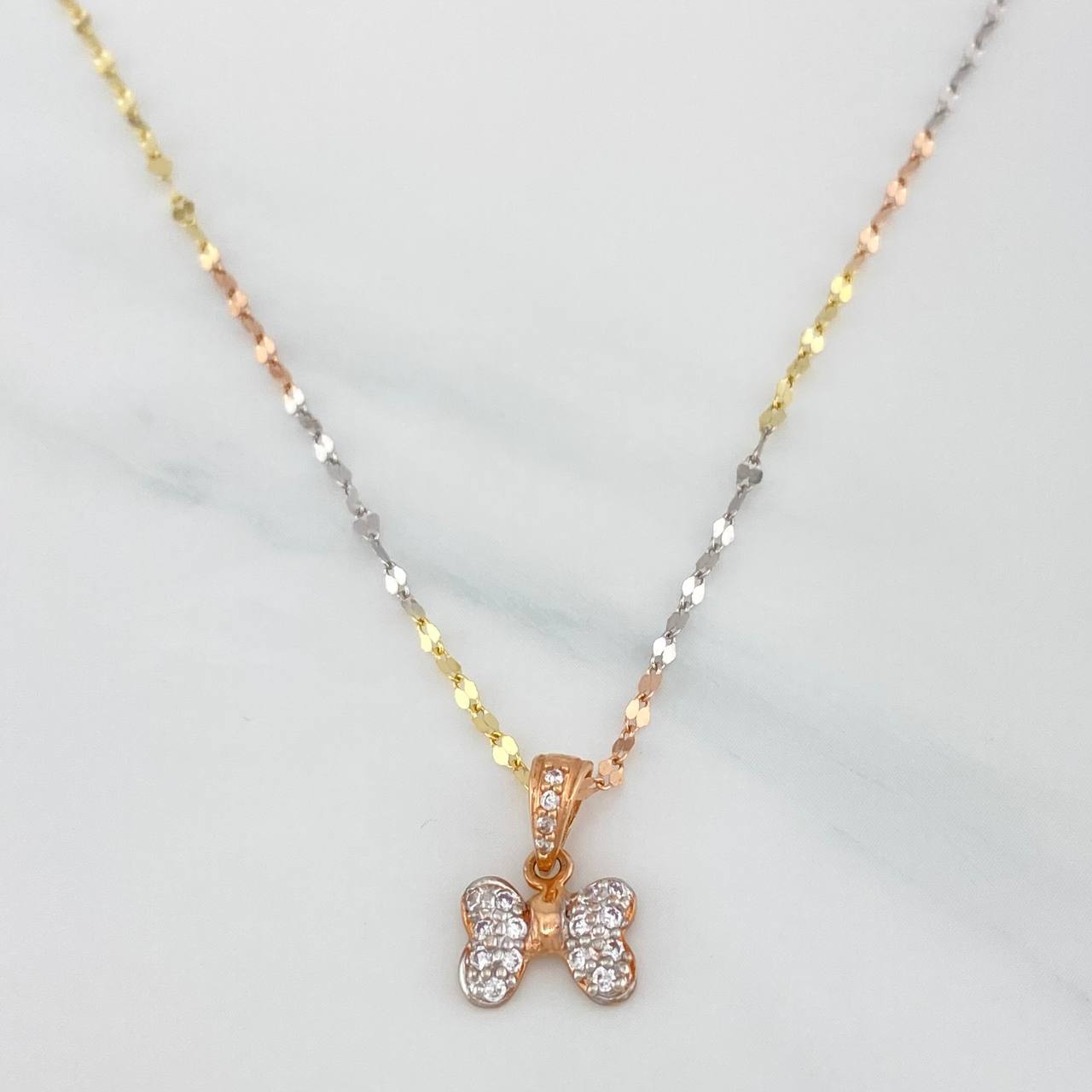 Set Mirror Flower Chain + Pendant Bow / 1.65gr / 17 3/4 in Three Golds 18K