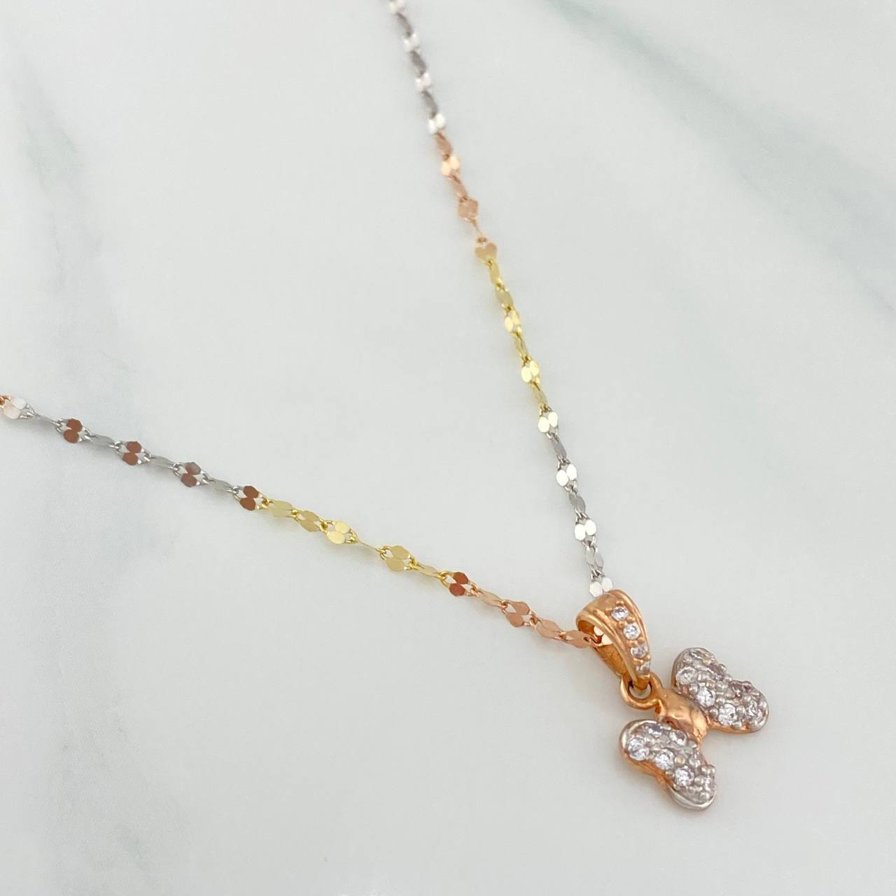 Set Mirror Flower Chain + Pendant Bow / 1.65gr / 17 3/4 in Three Golds 18K