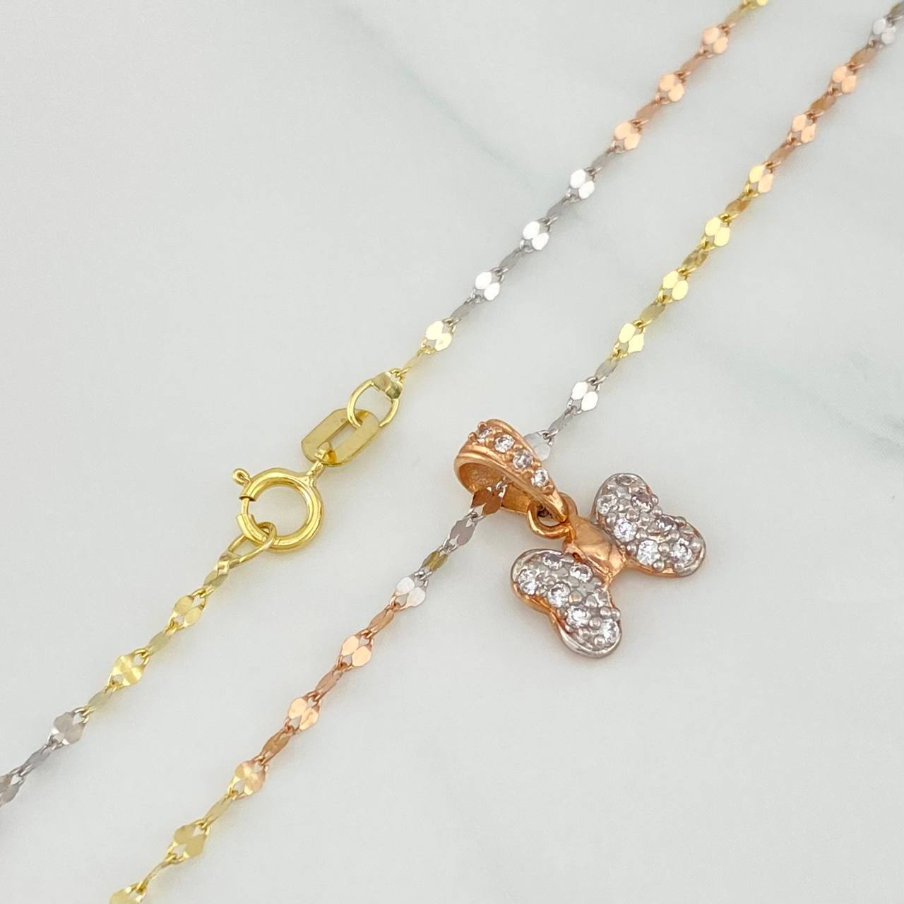 Set Mirror Flower Chain + Pendant Bow / 1.65gr / 17 3/4 in Three Golds 18K