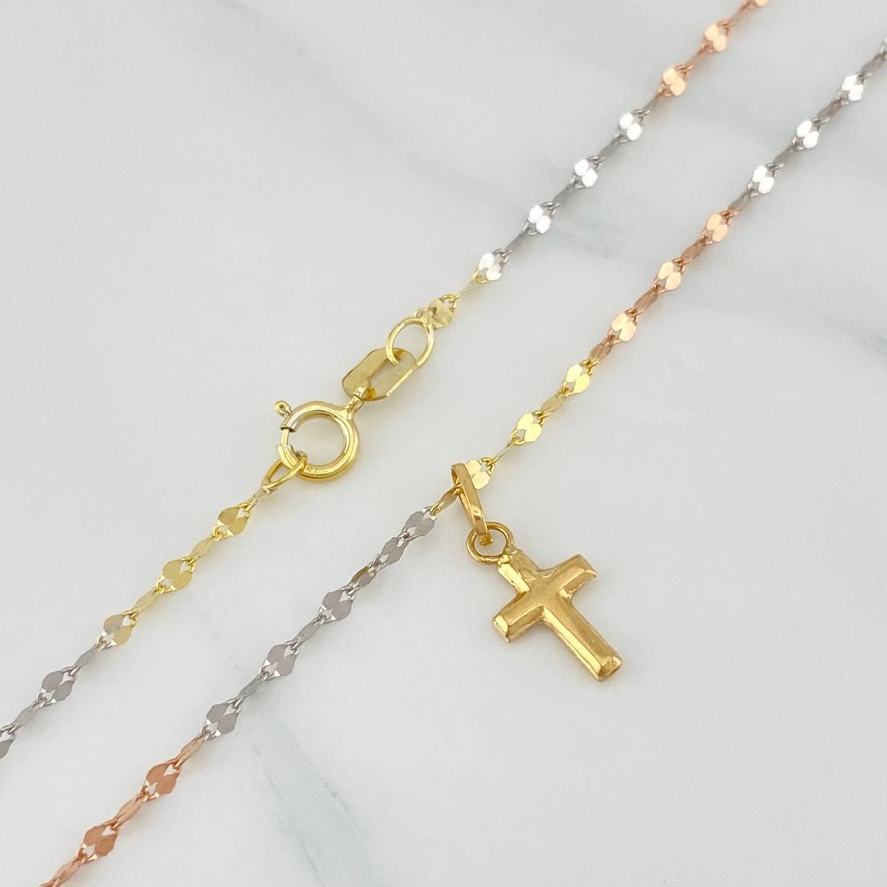 Mirror Flower Chain Set + Cross Pendant / 1.1gr / 17 3/4 in Three 18K Golds