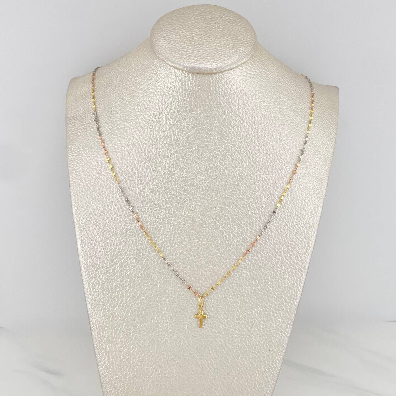 Mirror Flower Chain Set + Cross Pendant / 1.1gr / 17 3/4 in Three 18K Golds