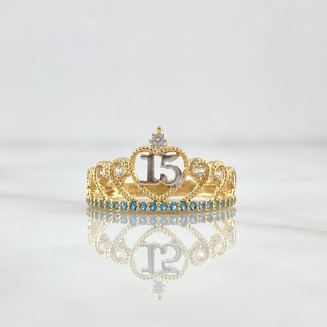 Crown Heart Ring 15s 2.5gr / T6 1/4 / White Zircons Light Blue Yellow Gold 18K ©