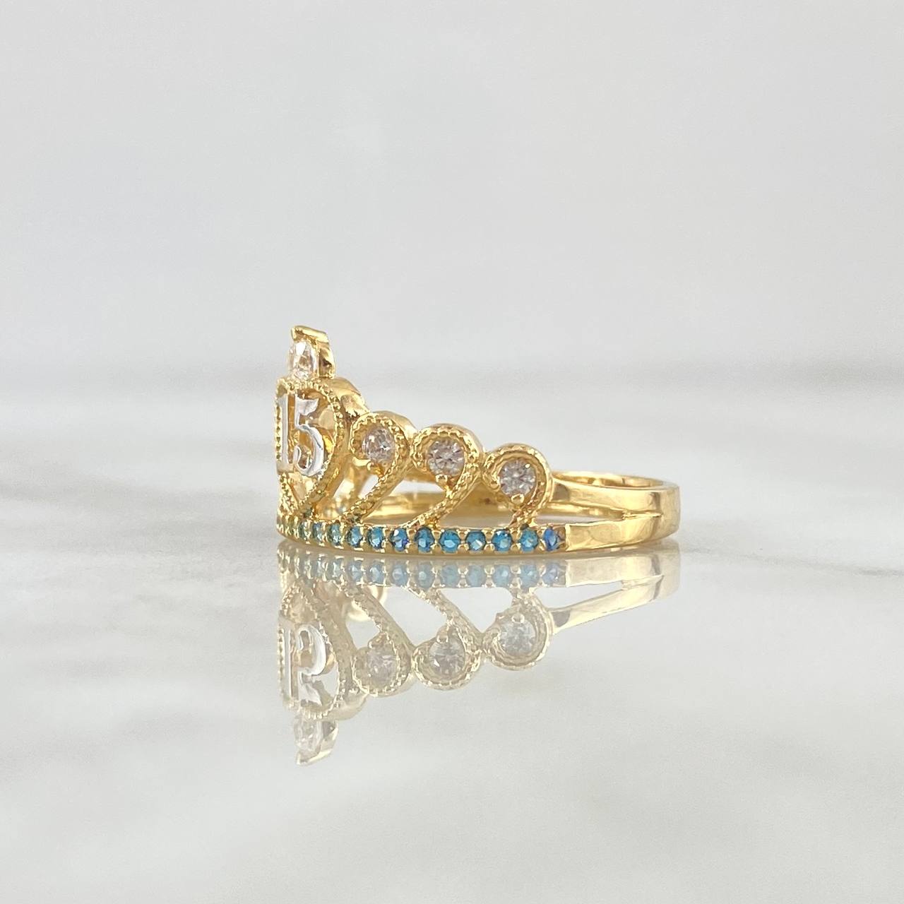Crown Heart Ring 15s 2.5gr / T6 1/4 / White Zircons Light Blue Yellow Gold 18K ©