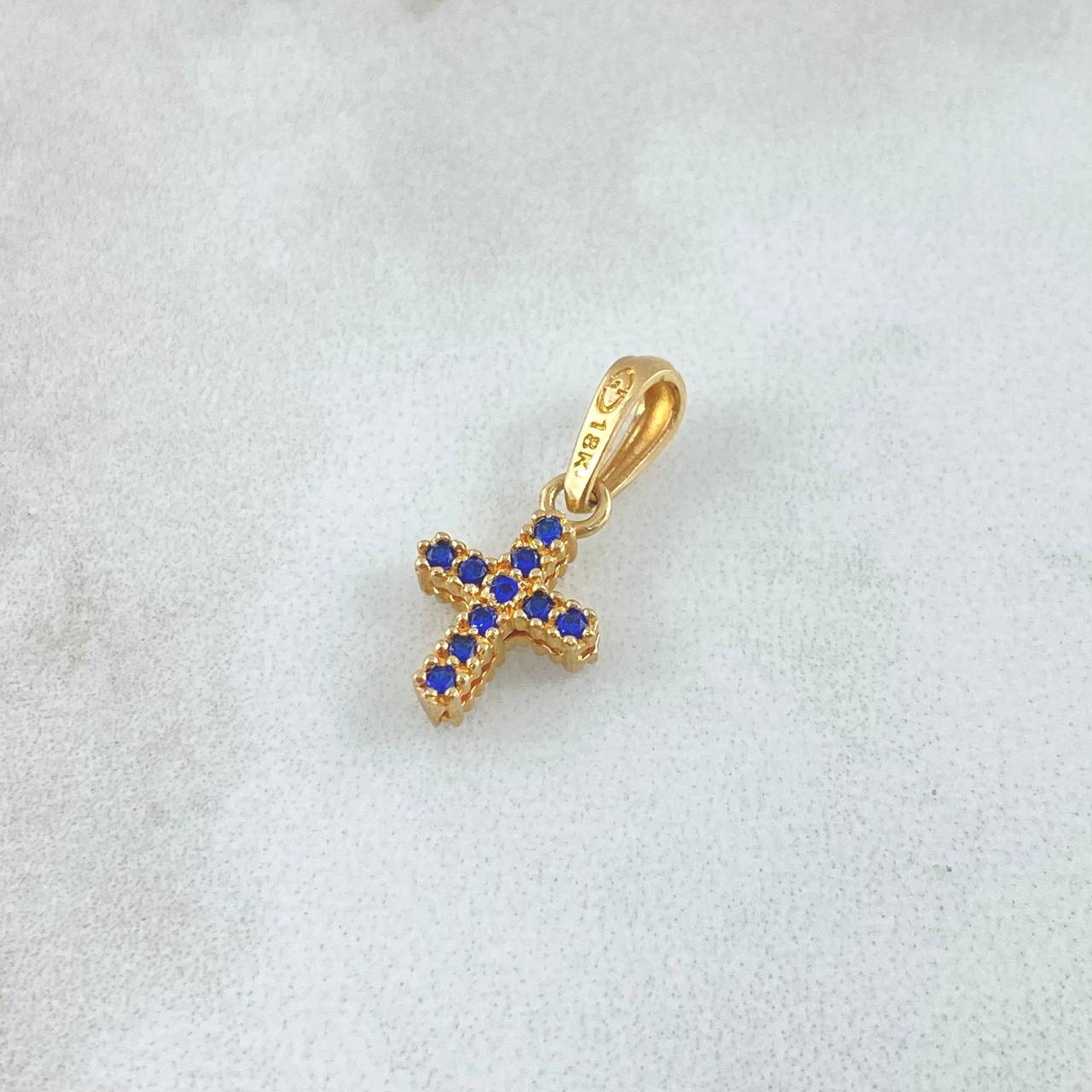 Dije Cruz Doble 1gr / 2.3cm / Circones Azul Y Blancos Oro Amarillo 18K ©