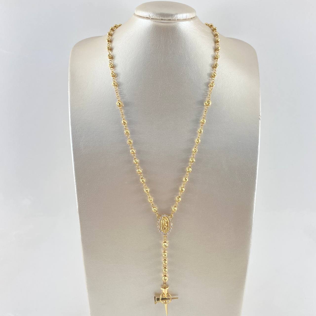 Virgin Guadalupe Rosary Silhouette 25.65gr / 65cm / 5mm - 6 mm Beads Diamond Cut - White Zircons - 18K Yellow Gold Nail Cross