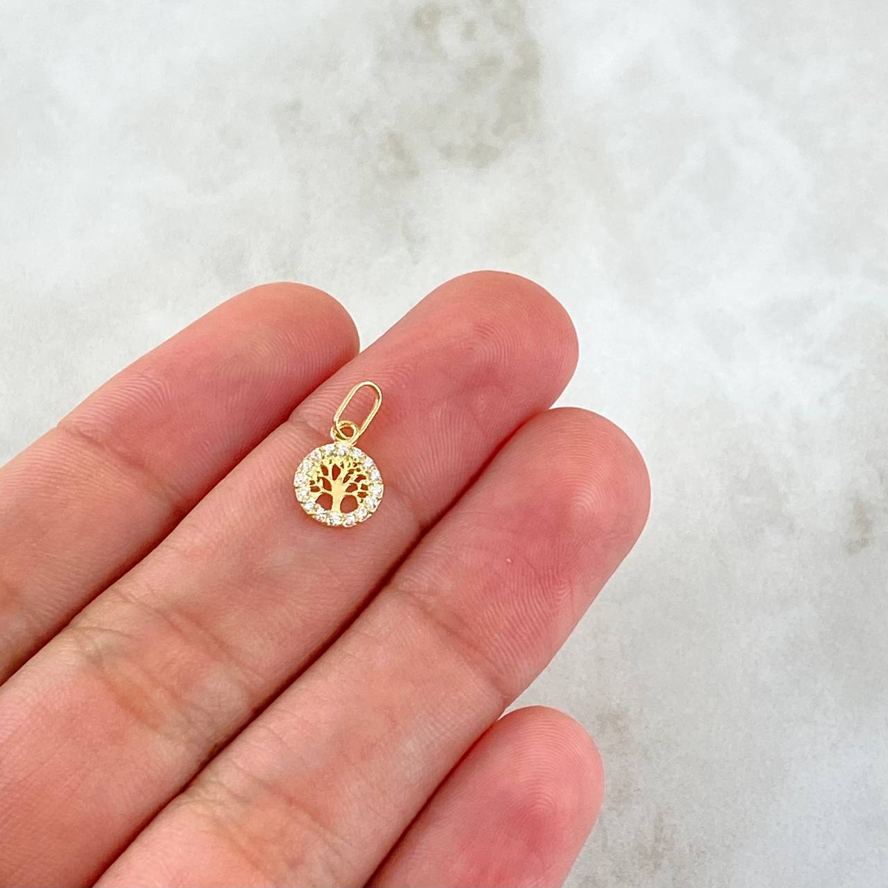 Dije Arbol De La Vida 0.3gr / 1.4cm / Circulo - Circones Blancos Oro Amarillo 18K
