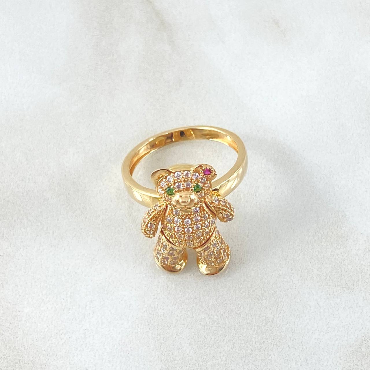 Bear Articulated Ring 6.05gr / T6 1/4 / White Green Fuchsia Zircons Yellow Gold 18K