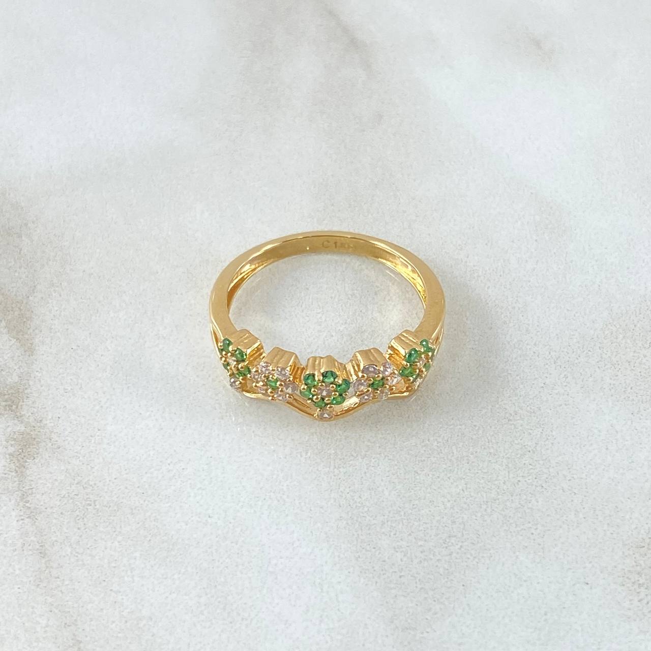 Ring Flowers 2.7gr / T7 1/4 / White Green Zirconia Yellow Gold 18K