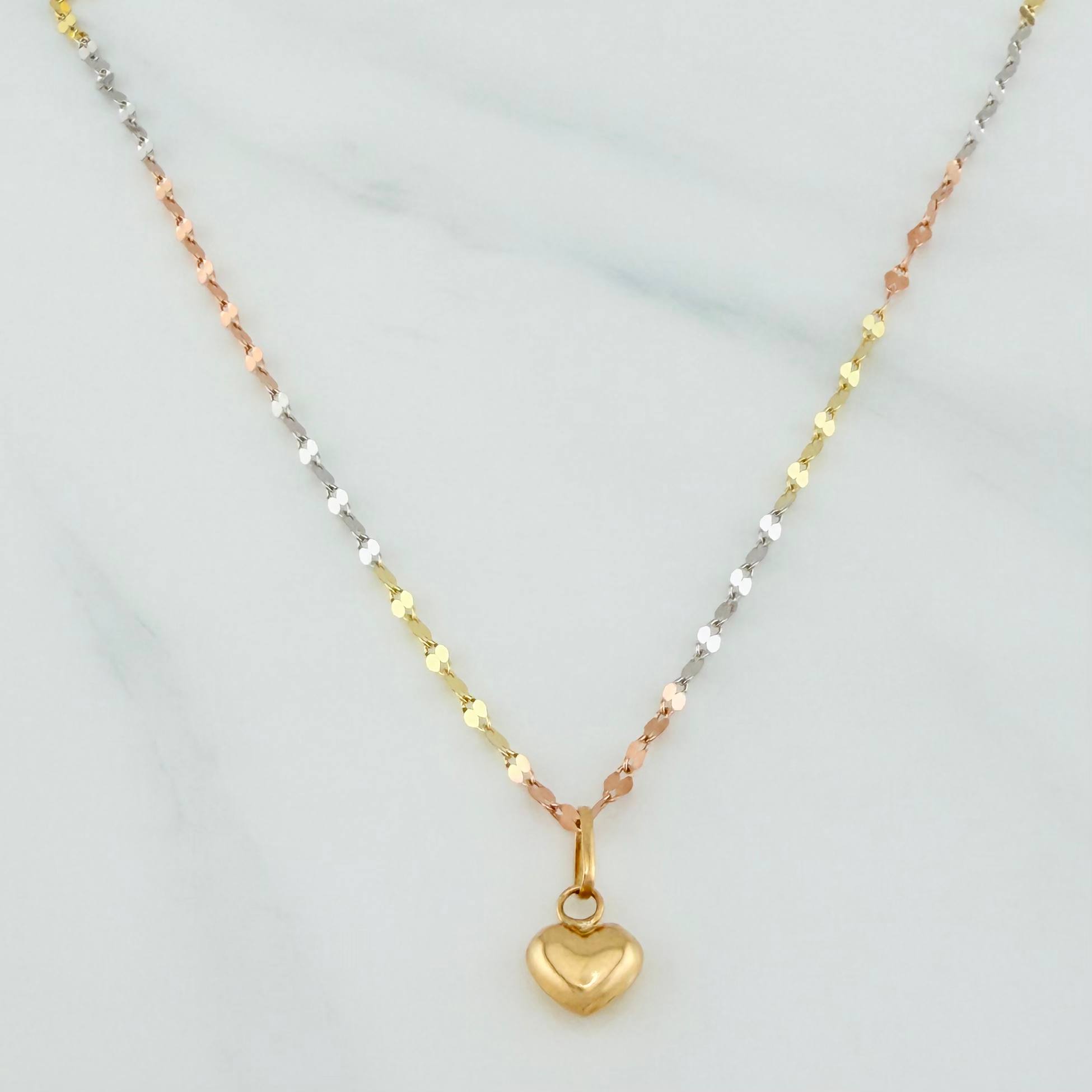 Mirror Flower Chain Set + Heart Pendant / 1.05gr / 17 3/4 in Three Golds 18K