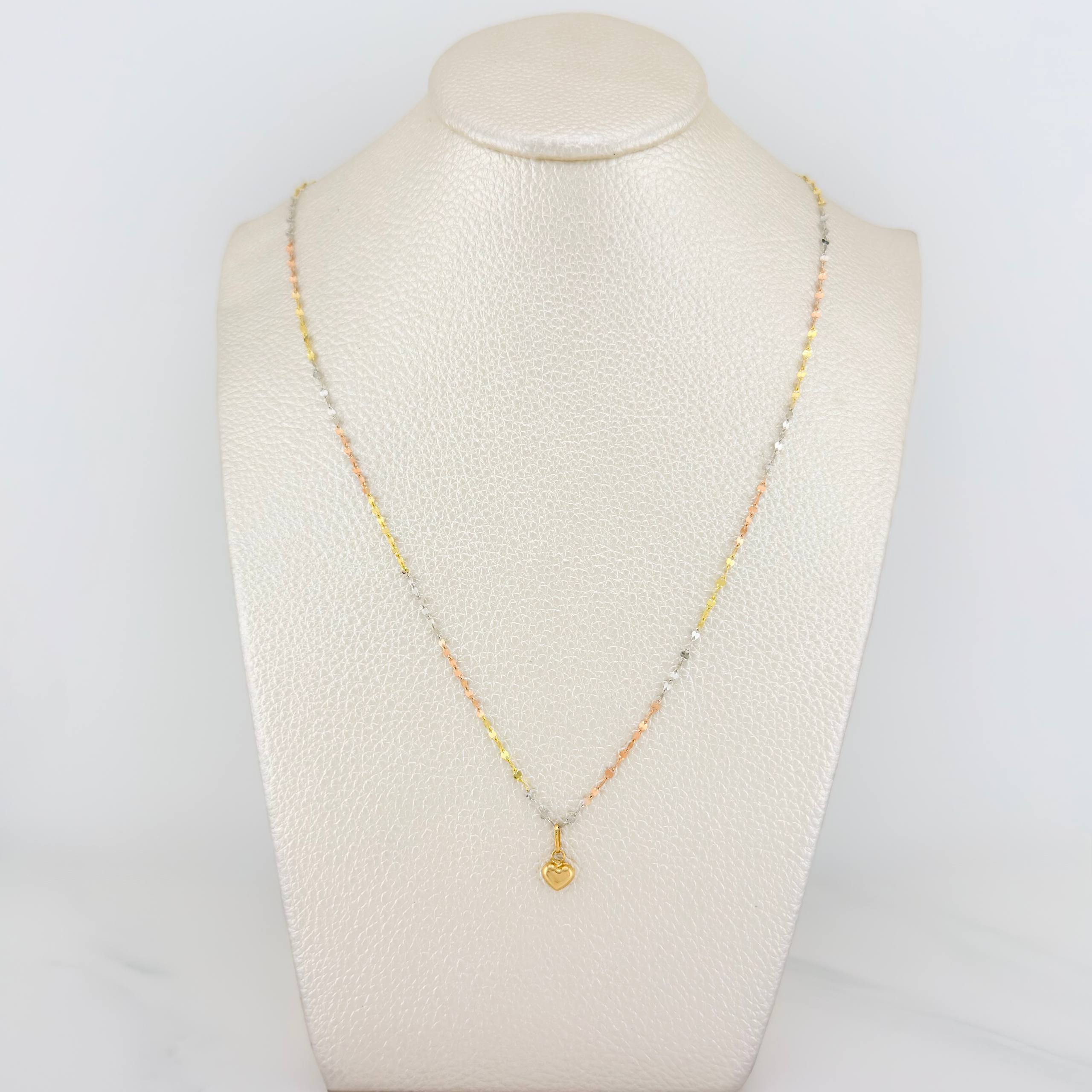 Mirror Flower Chain Set + Heart Pendant / 1.05gr / 17 3/4 in Three Golds 18K