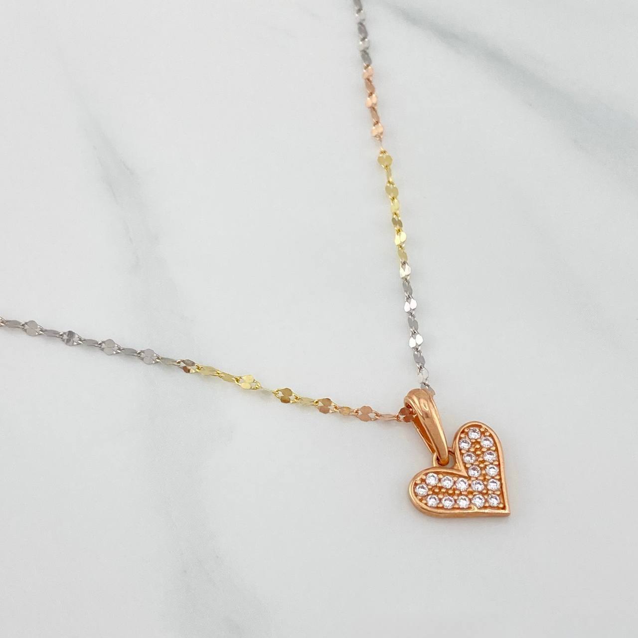 Mirror Flower Chain Set + Heart Pendant / 1.95gr / 17 3/4 in Three 18K Golds