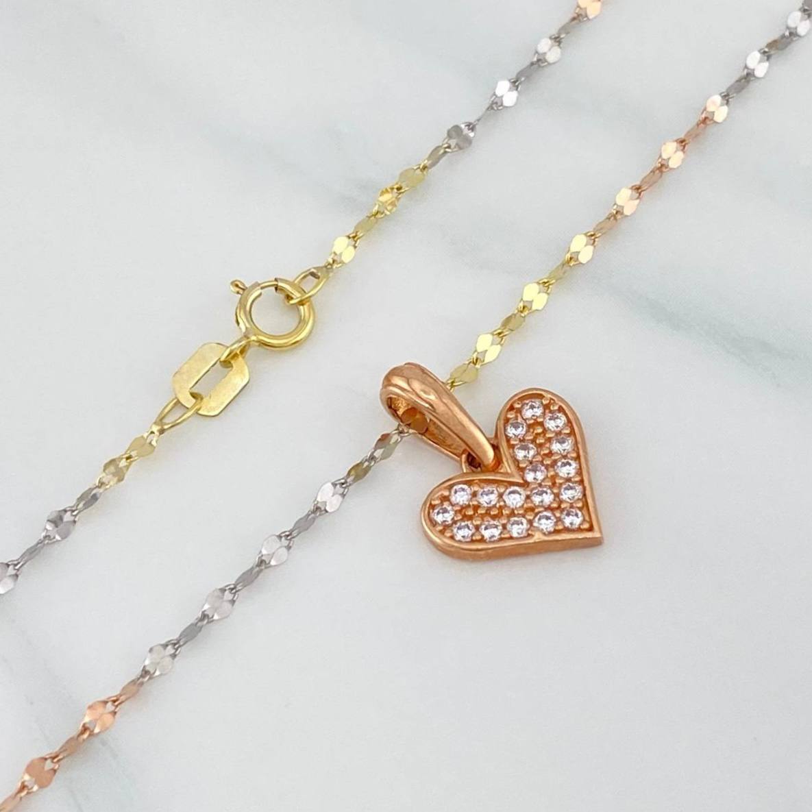 Mirror Flower Chain Set + Heart Pendant / 1.95gr / 17 3/4 in Three 18K Golds